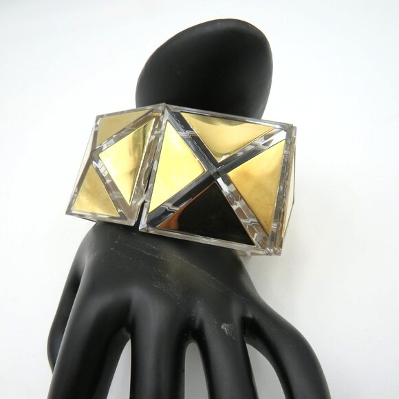 Tory Burch‎ Gold Tone Lucite Geometric Cuff Bracelet Women Wide Statement Logo - Picture 9 of 11